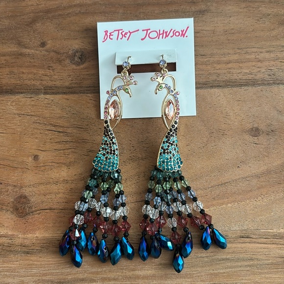 Betsey Johnnson Statement Beaded Rhinestone Chandelier Dangle Peacock Earrings - Picture 1 of 3